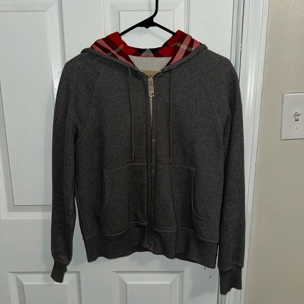 Burberry Gray Hoodie with Red Plaid Hood